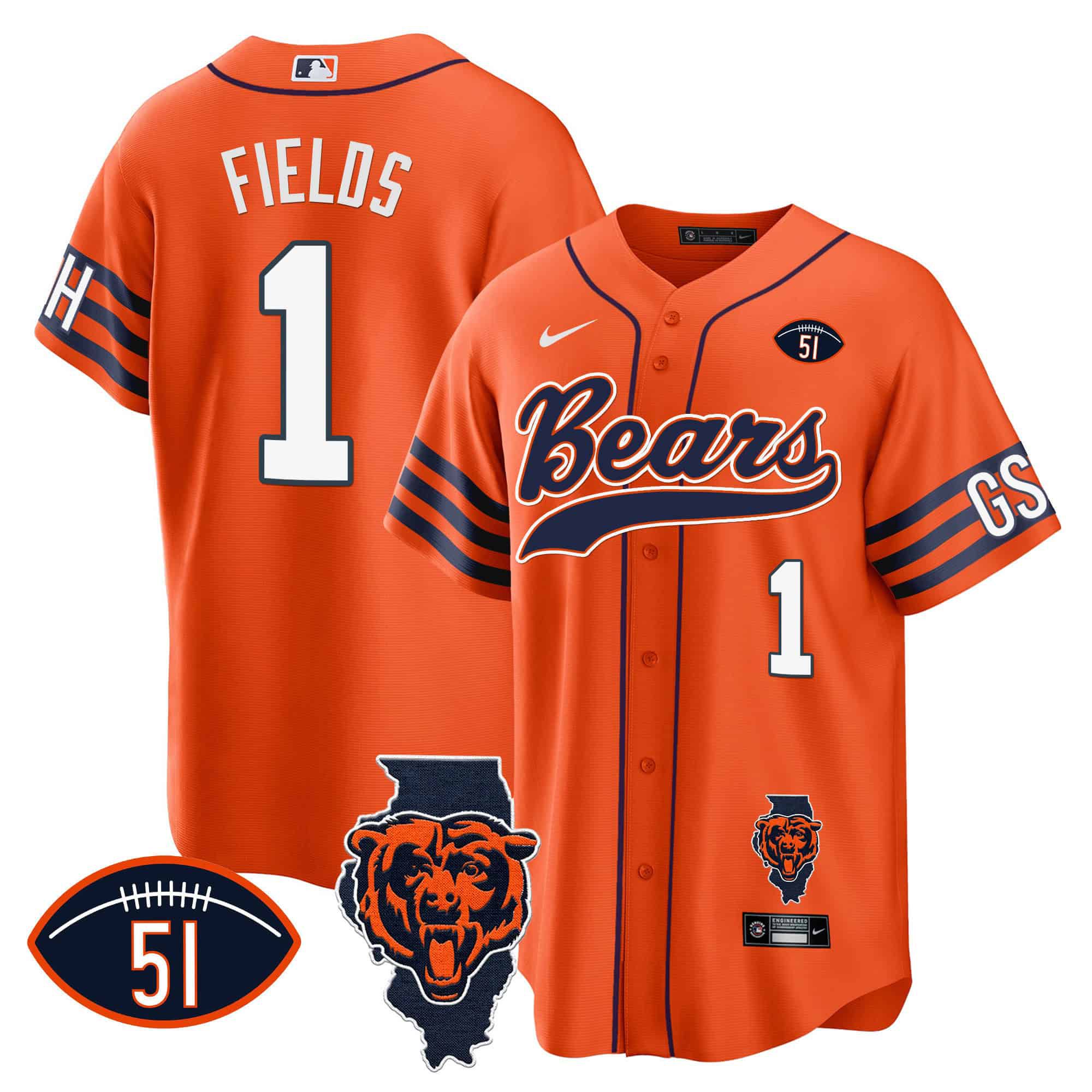 Men Chicago Bears 1 Fields Orange 2024 Nike Patch Baseball NFL Jersey